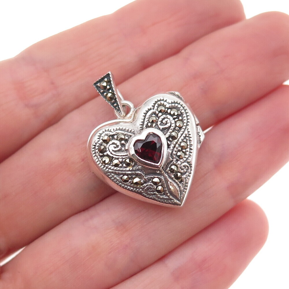 925 Sterling Silver Vintage Real Red Garnet & Marcasite Heart Locket Pendant